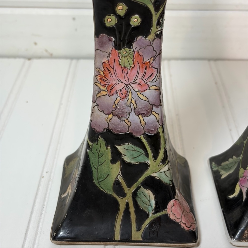 Vintage Floral Chinoiserie Macau Candlestick Holders | Set of 2 - Picture 2 of 10